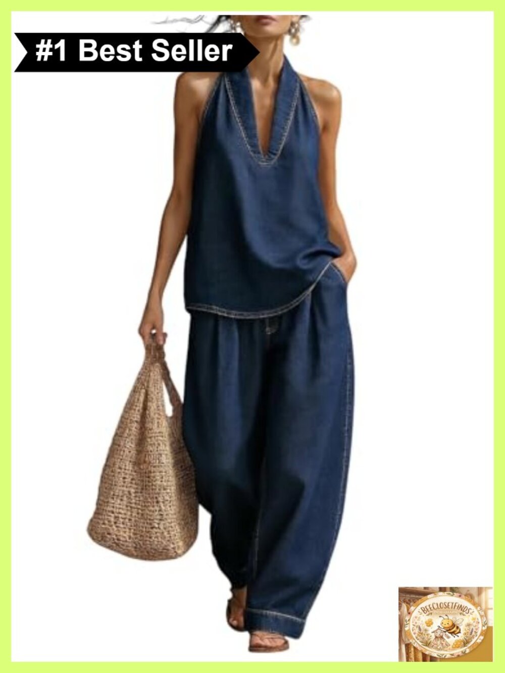 Cotton Blend Denim Halter Neck Top & Wide Leg Pant 2 Piece Set